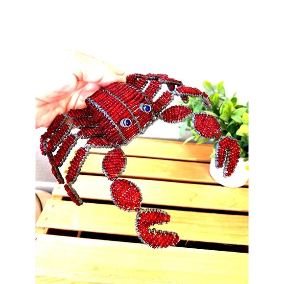 Grass Roots Beaded Handmade Wire Blue-Eyed Crab and Clam Shell with Tag Vintage - Picture 9 of 13